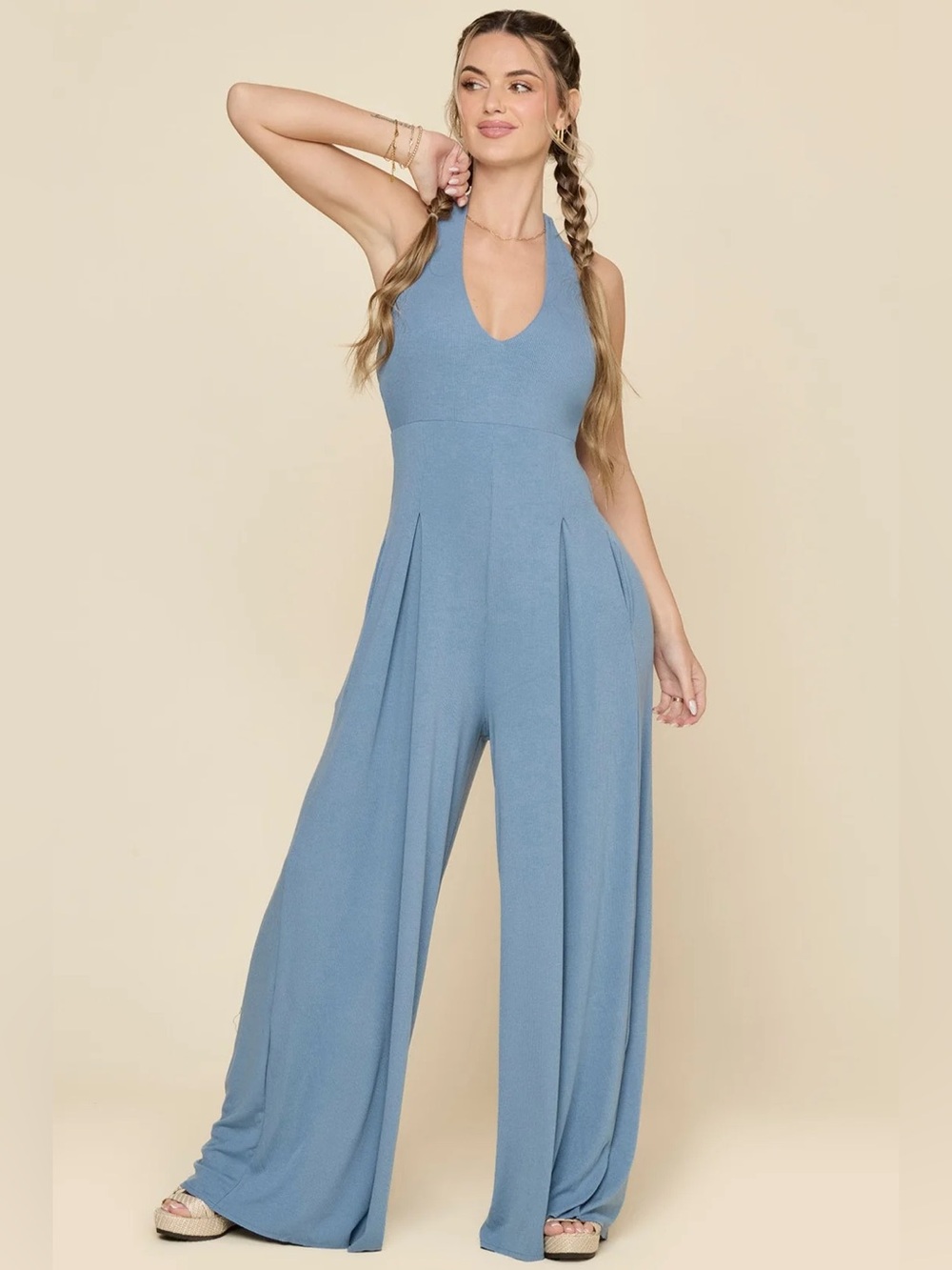 POPFLEX Halter Go With The Flow Jumpsuit in Cool Creek Size M